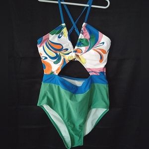 One piece Swimsuit, grn/wht/blue, swirl hipster cross halter cutout